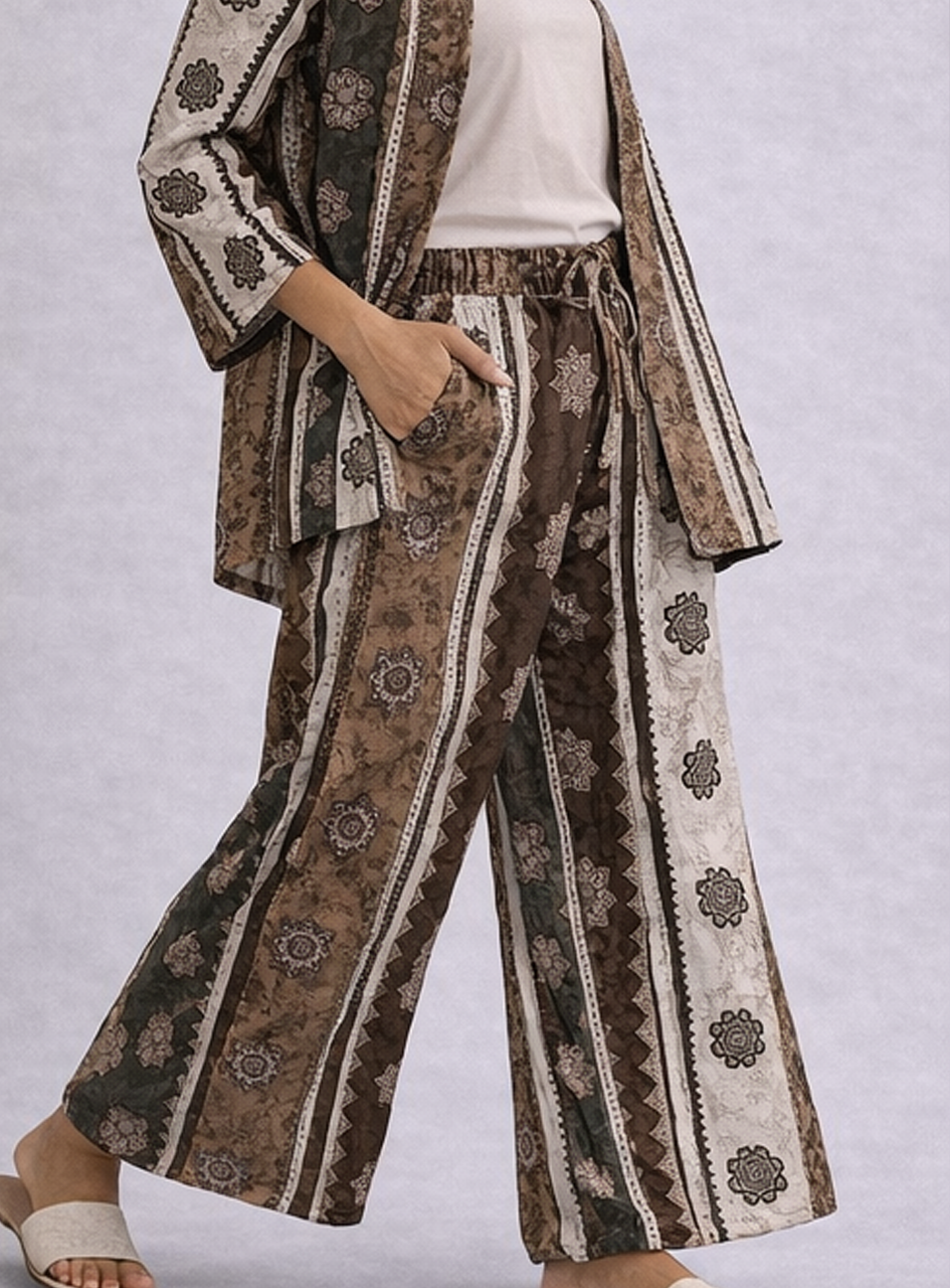 BH14 - Women’s Printed Co-Ord Set – Boho Pattern Jacket & Wide Leg Pants (Casual Chic Lounge Wear)