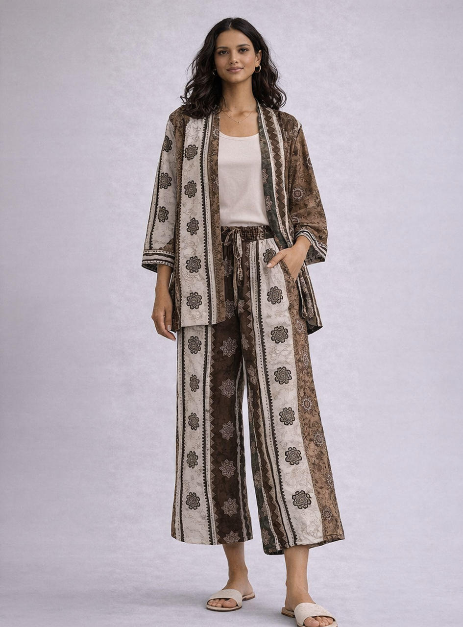 BH14 - Women’s Printed Co-Ord Set – Boho Pattern Jacket & Wide Leg Pants (Casual Chic Lounge Wear)