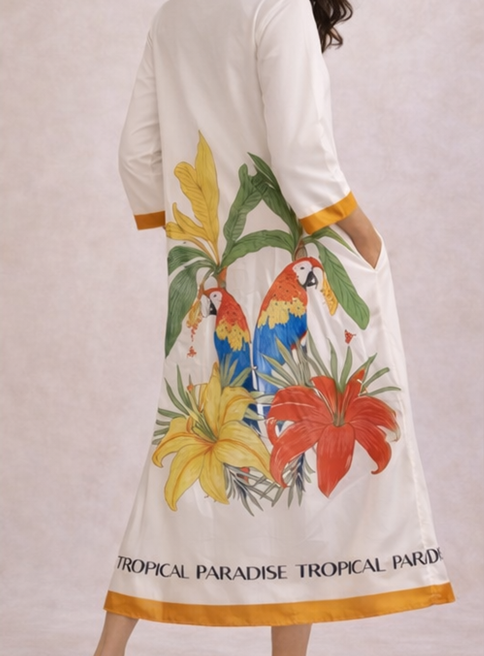 BH15 - Women’s Tropical Printed Midi Dress – Parrot & Floral Cotton Dress (Vacation Summer Wear)