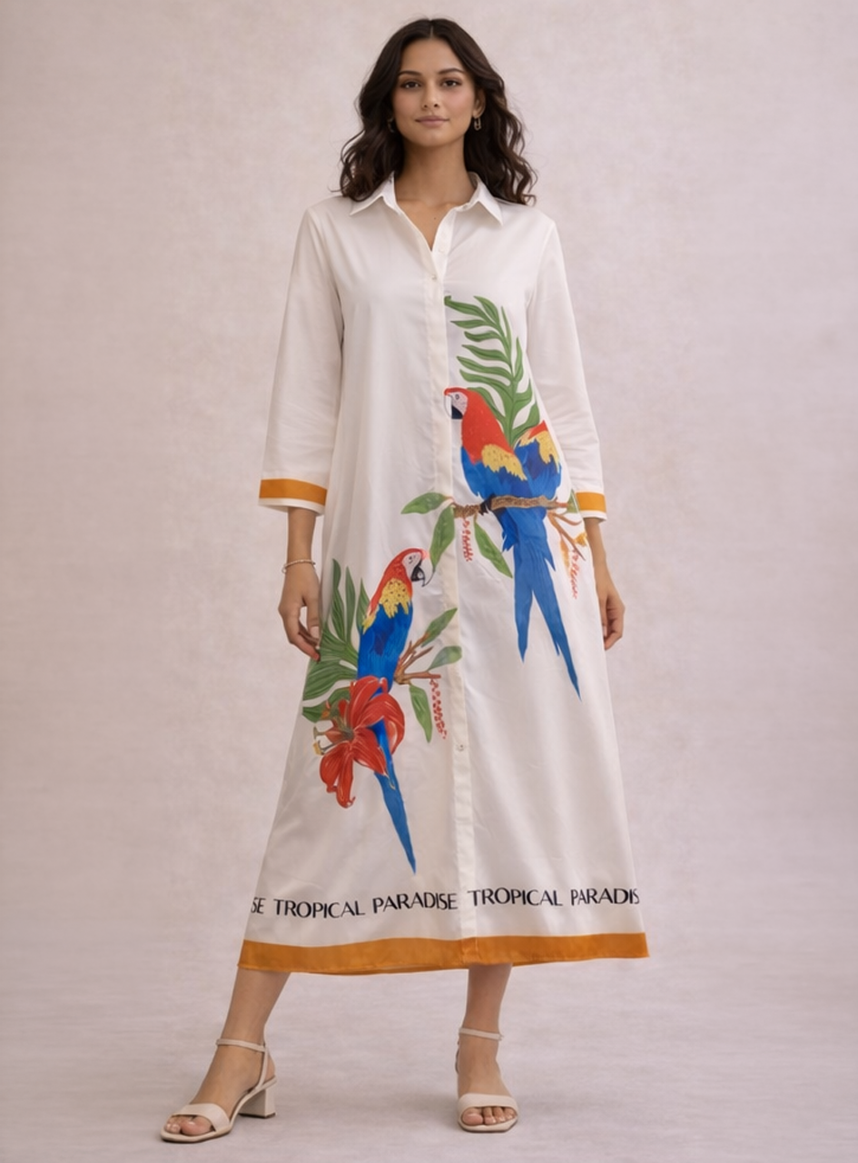 BH15 - Women’s Tropical Printed Midi Dress – Parrot & Floral Cotton Dress (Vacation Summer Wear)
