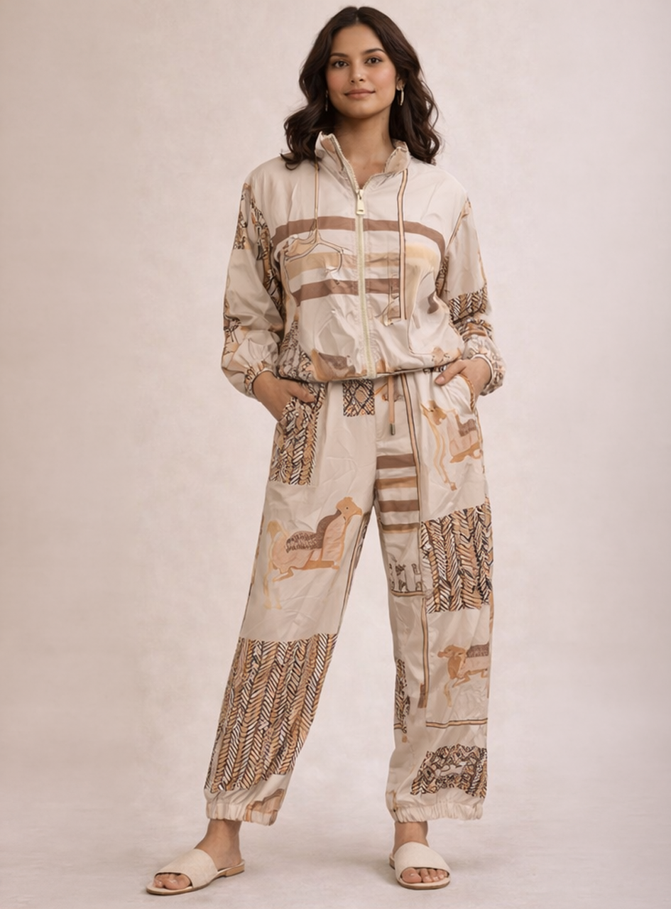 BH17 - Women’s Printed Tracksuit Set – Hooded Zip-Up Jacket & Jogger Pants (Casual Athleisure Wear)