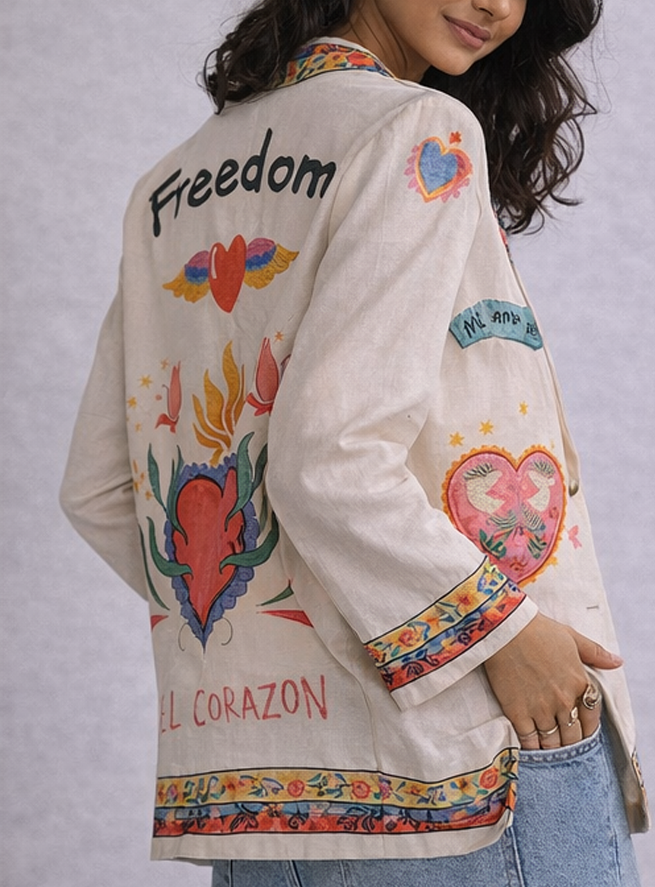 BH18 - Women’s Printed Casual Blazer – Heart Graphic Lightweight Jacket (Statement Chic Layer)