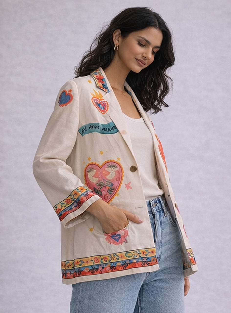 BH18 - Women’s Printed Casual Blazer – Heart Graphic Lightweight Jacket (Statement Chic Layer)