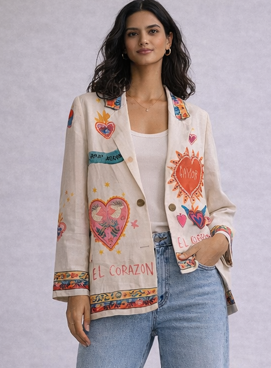 BH18 - Women’s Printed Casual Blazer – Heart Graphic Lightweight Jacket (Statement Chic Layer)