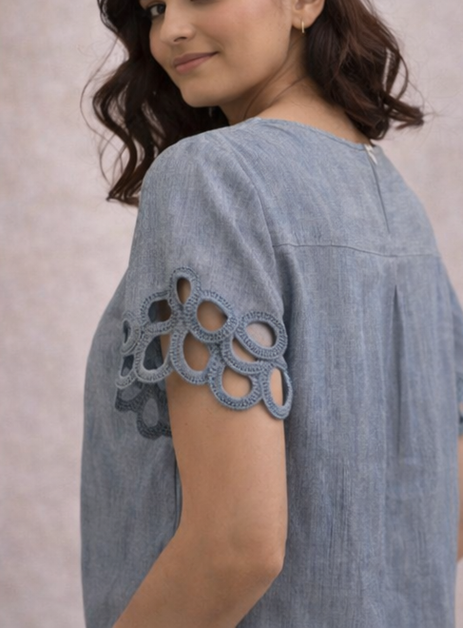 BH19 - Women’s Blue Cotton Top – Casual Short Sleeve Blouse with Cutwork Lace Sleeves (Everyday Wear)