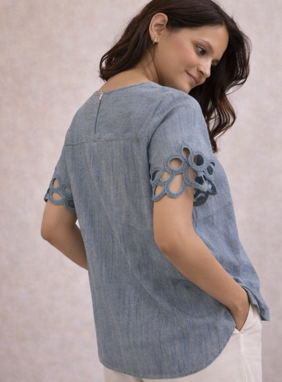 BH19 - Women’s Blue Cotton Top – Casual Short Sleeve Blouse with Cutwork Lace Sleeves (Everyday Wear)