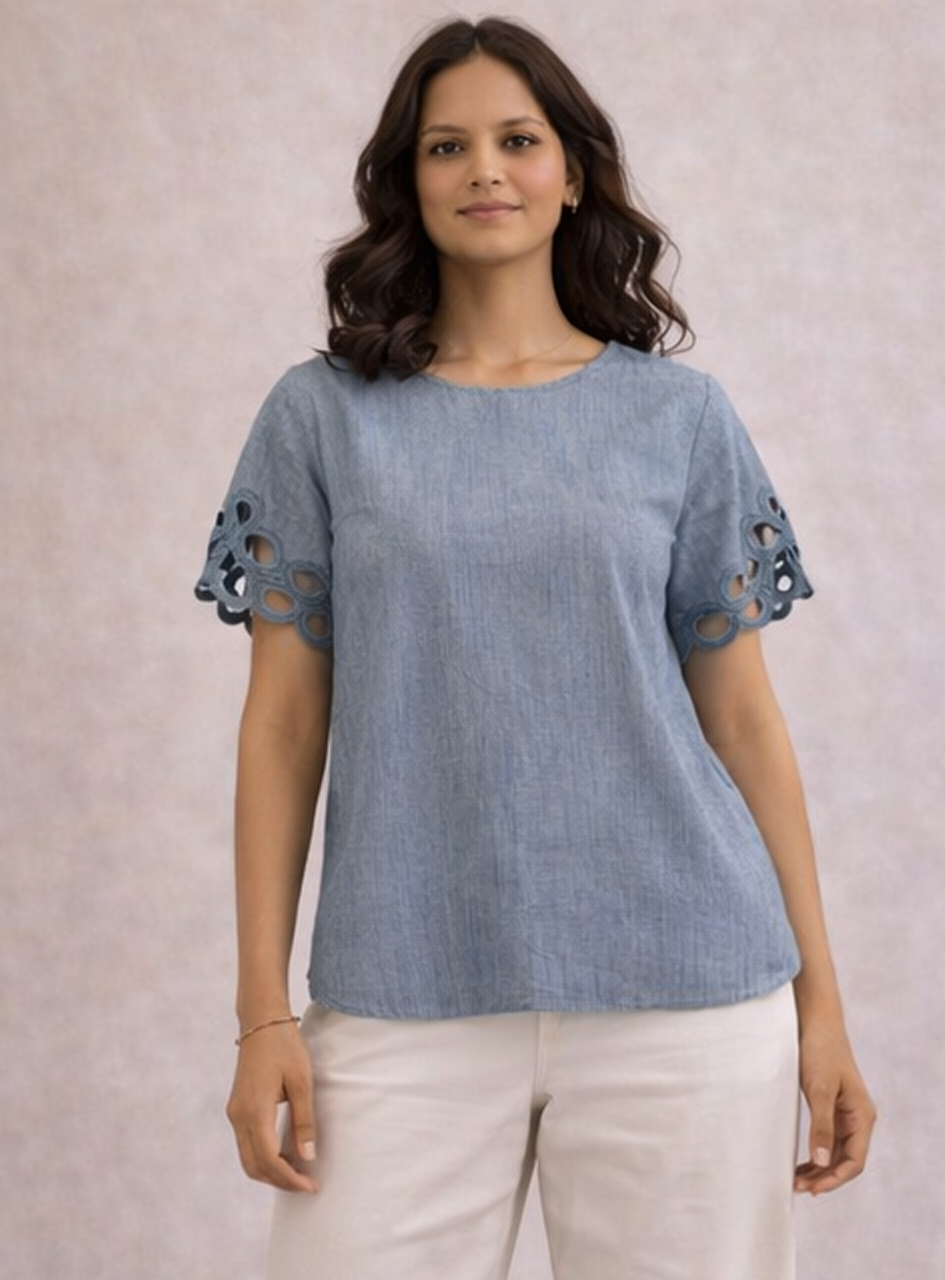 BH19 - Women’s Blue Cotton Top – Casual Short Sleeve Blouse with Cutwork Lace Sleeves (Everyday Wear)
