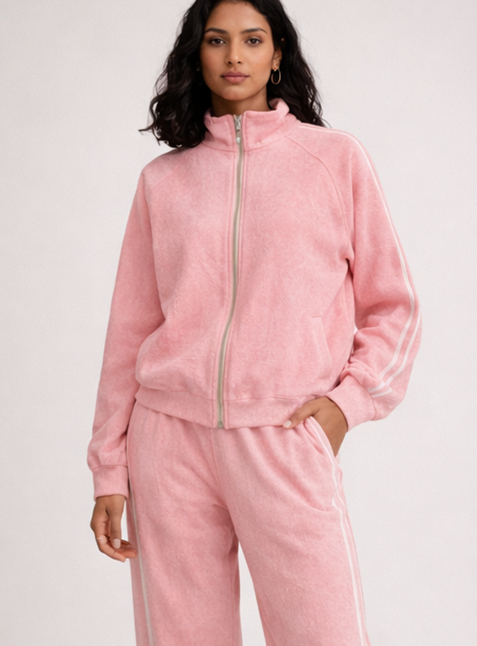 BH21 - Women’s Pink Tracksuit Set – Zip-Up Jacket & Jogger Pants (Casual Athleisure Lounge Wear)