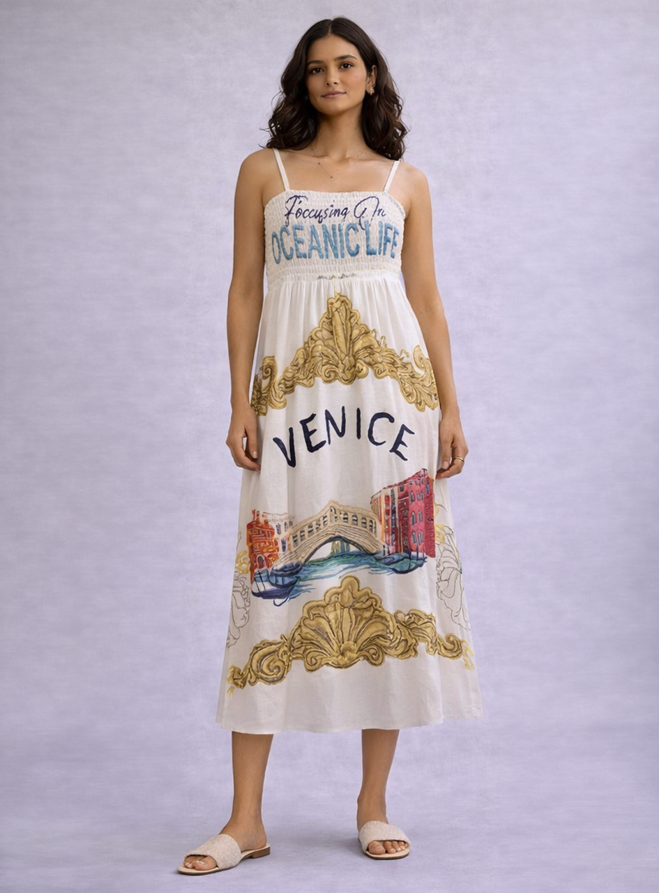 BH22 - Women’s Printed Midi Dress – Venice Graphic Cotton Dress with Spaghetti Straps (Summer Vacation Wear)