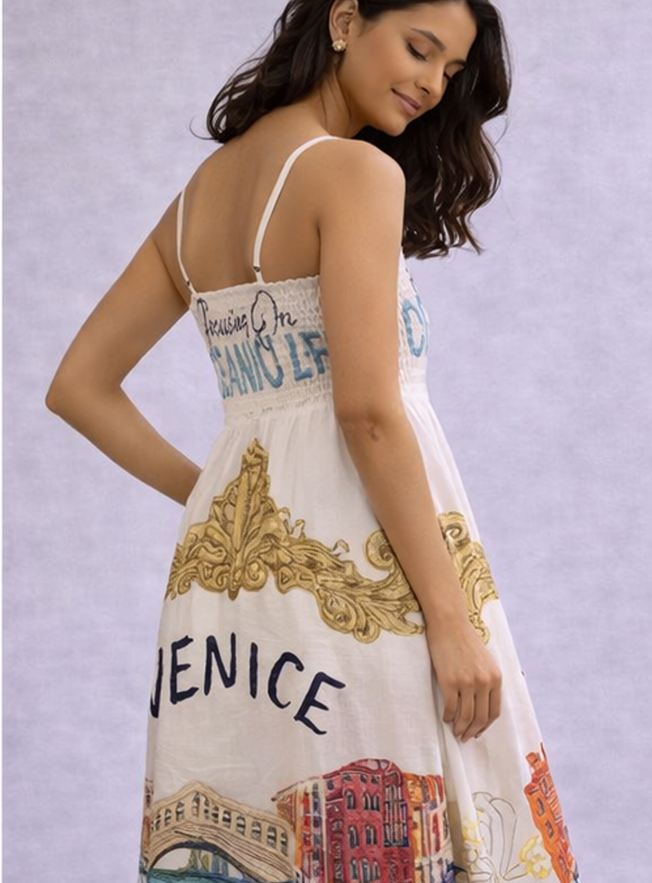 BH22 - Women’s Printed Midi Dress – Venice Graphic Cotton Dress with Spaghetti Straps (Summer Vacation Wear)