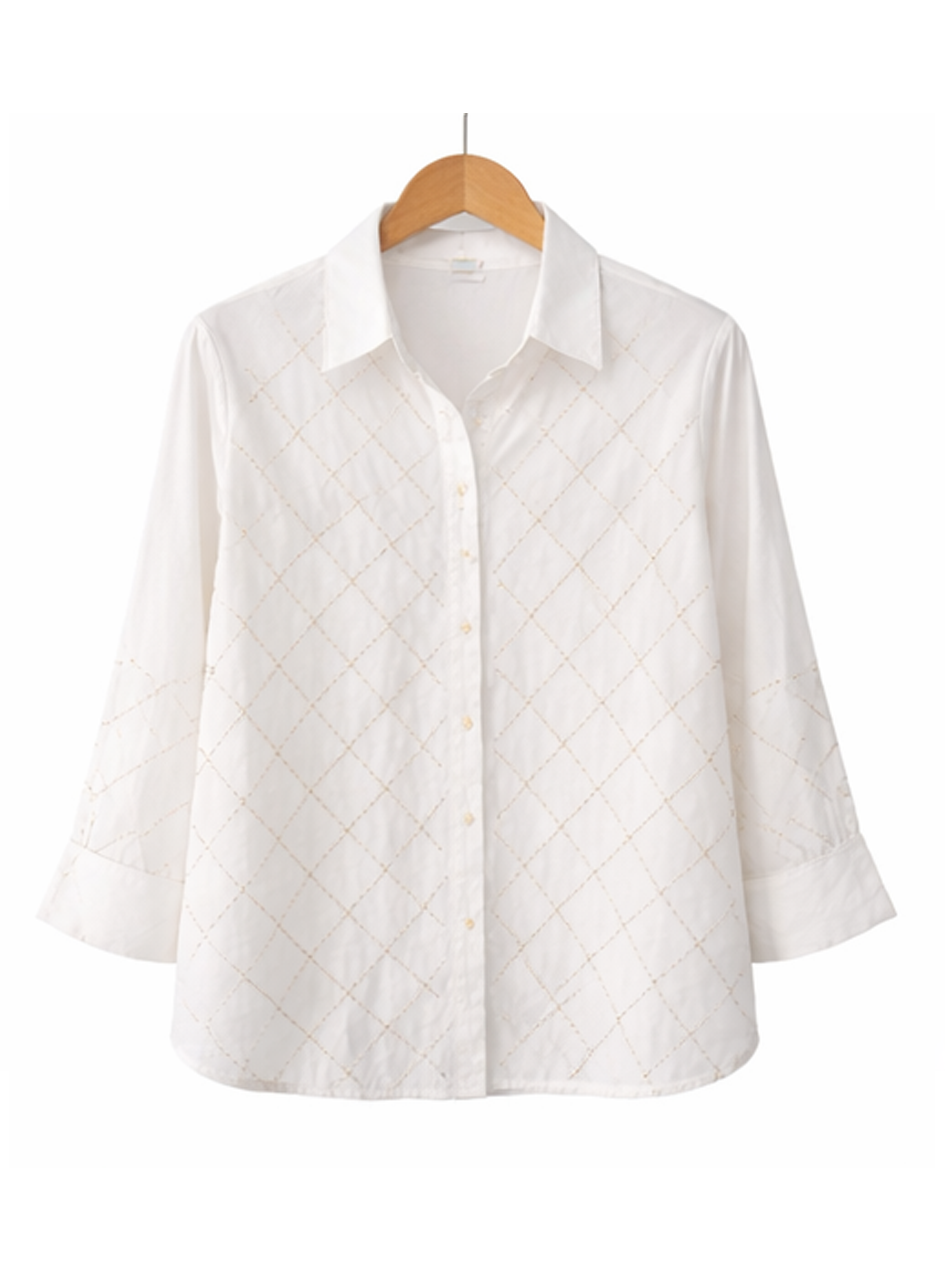 BH23 - Women’s White Embroidered Shirt – Eyelet Button- (Casual Elegant Wear)