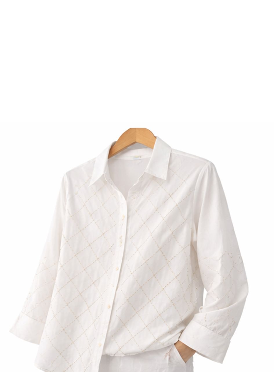 BH23 - Women’s White Embroidered Shirt – Eyelet Button- (Casual Elegant Wear)