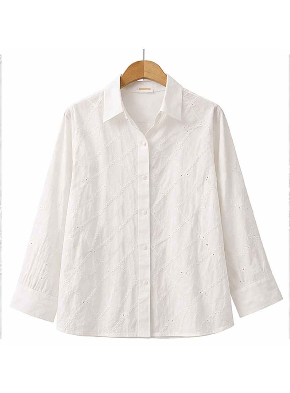 BH23 - Women’s White Embroidered Shirt – Eyelet Button- (Casual Elegant Wear)
