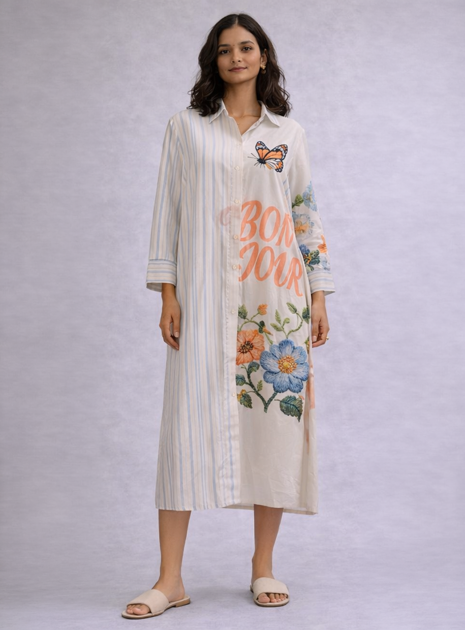 BH24- Women’s Printed Shirt Dress – Floral & Striped Midi Dress with Button Front (Casual Summer Wear)