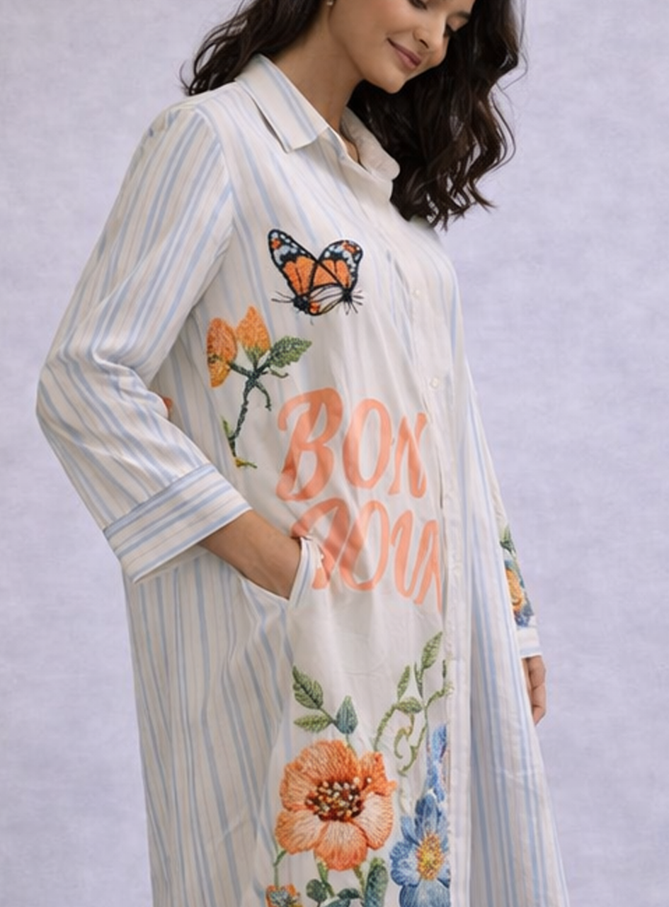 BH24- Women’s Printed Shirt Dress – Floral & Striped Midi Dress with Button Front (Casual Summer Wear)