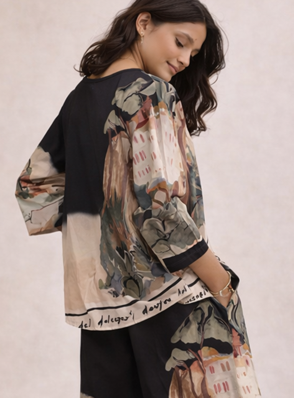 BH25 - Women’s Printed Silk Set – Abstract Art Top & Wide Leg Pants (Casual Chic Lounge Set)