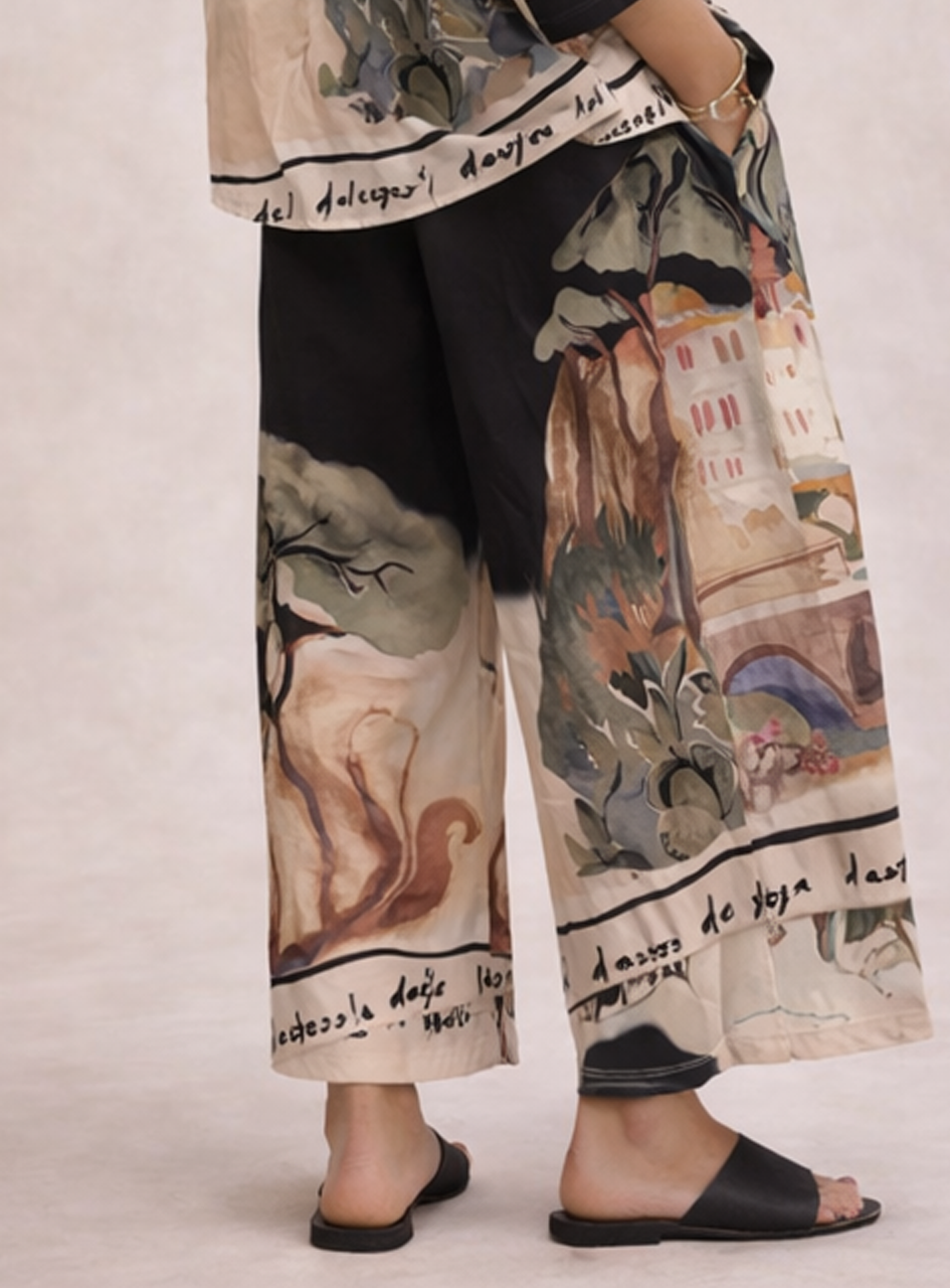 BH25 - Women’s Printed Silk Set – Abstract Art Top & Wide Leg Pants (Casual Chic Lounge Set)