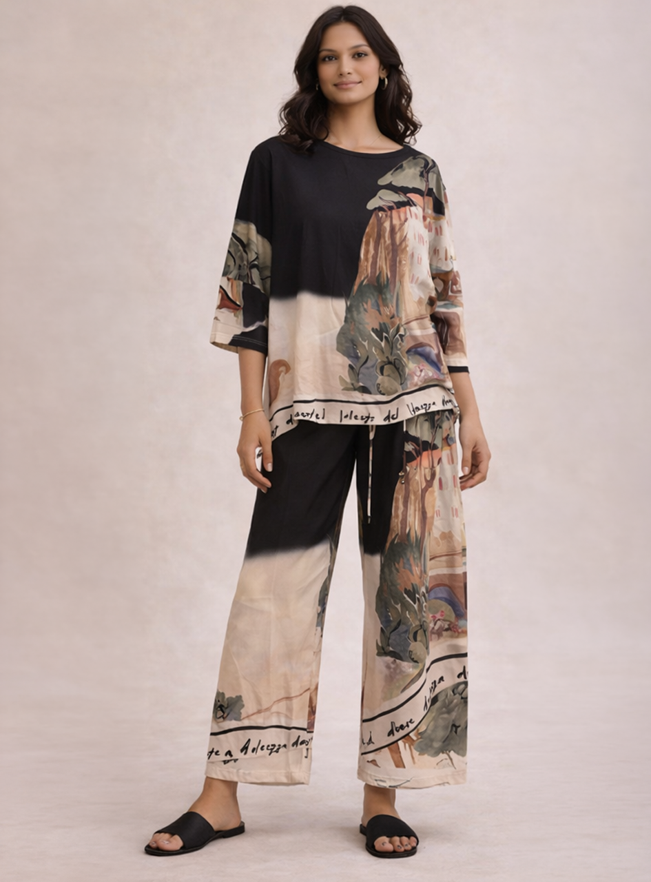 BH25 - Women’s Printed Silk Set – Abstract Art Top & Wide Leg Pants (Casual Chic Lounge Set)