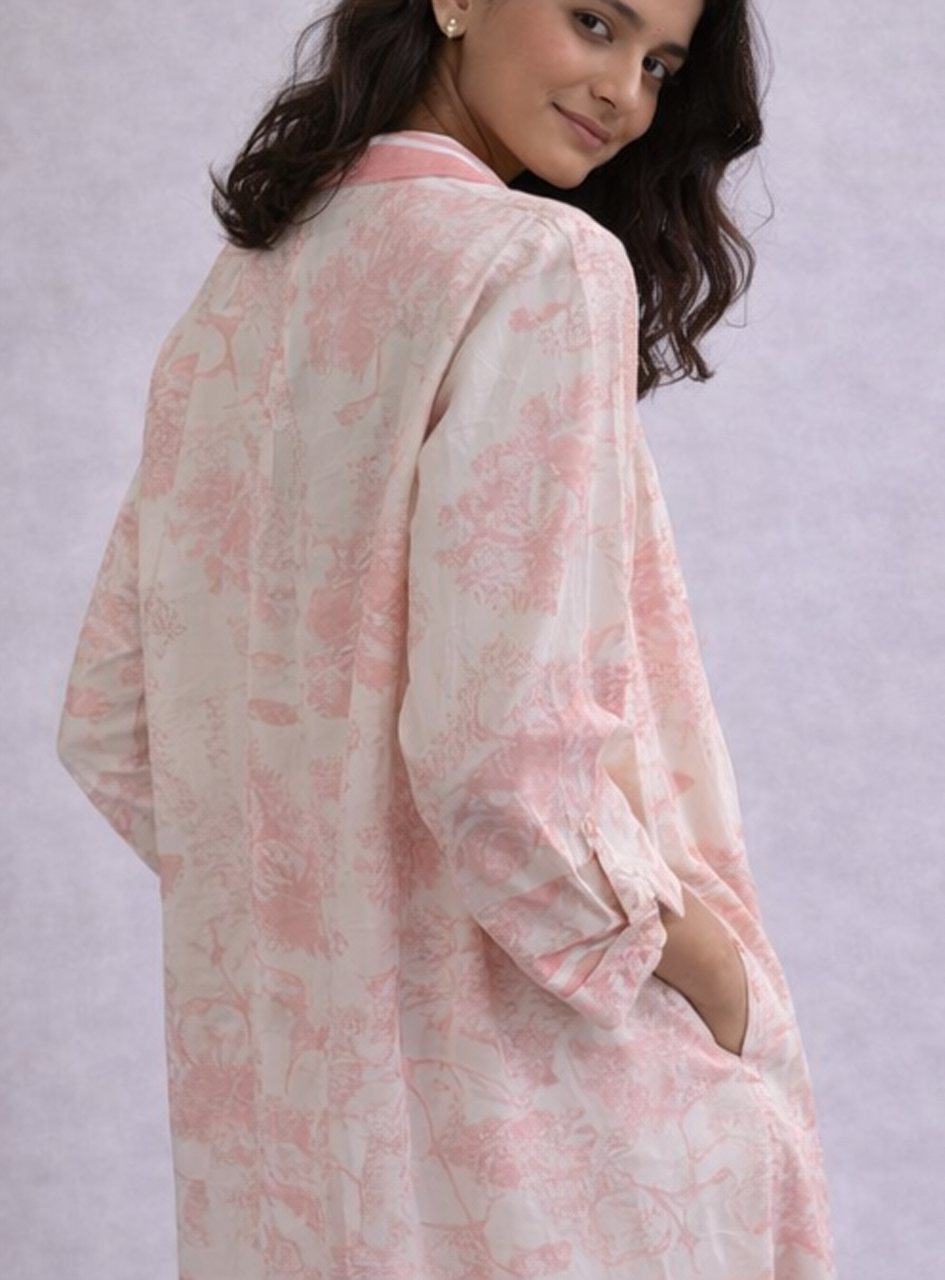 BH26 - Women’s Printed Shirt Dress – Pink & White Floral Midi Dress with Button Front (Elegant Casual Wear)