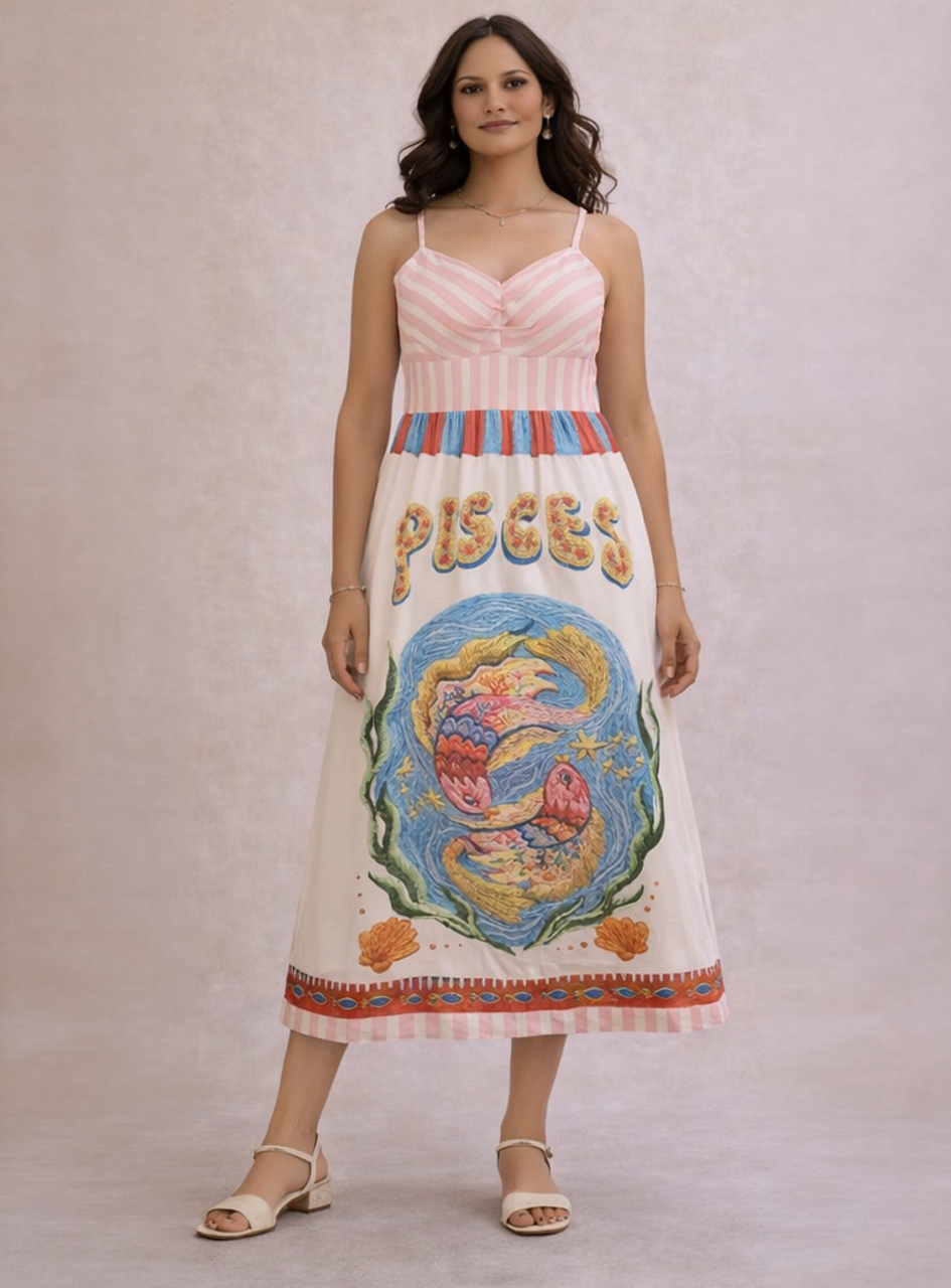 BH03 - Women’s Pisces Printed Midi Dress – Striped Bodice Summer Dress with Artistic Fish Motif