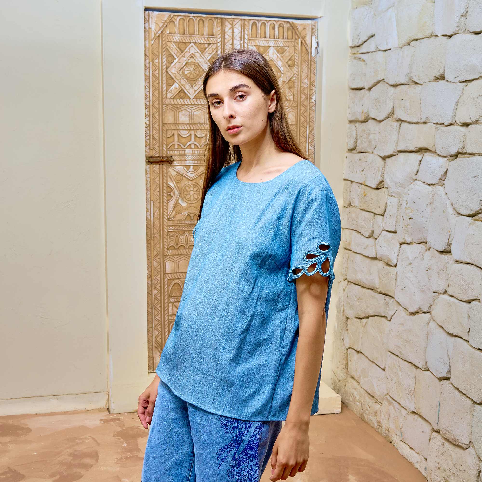 BH19 - Women’s Blue Cotton Top – Casual Short Sleeve Blouse with Cutwork Lace Sleeves (Everyday Wear)