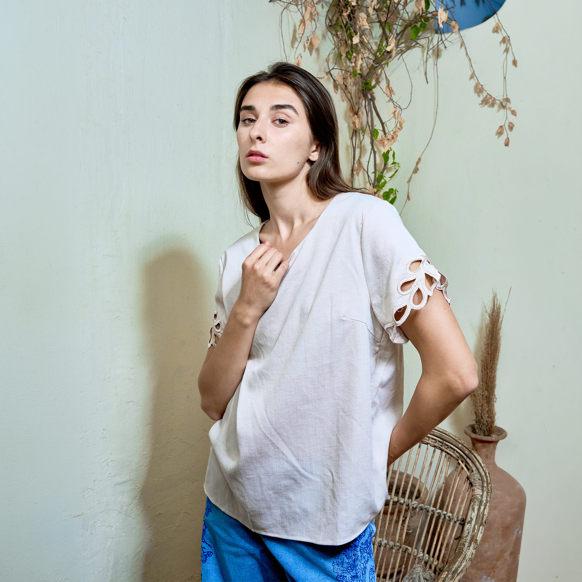 BH19 - Women’s Blue Cotton Top – Casual Short Sleeve Blouse with Cutwork Lace Sleeves (Everyday Wear)