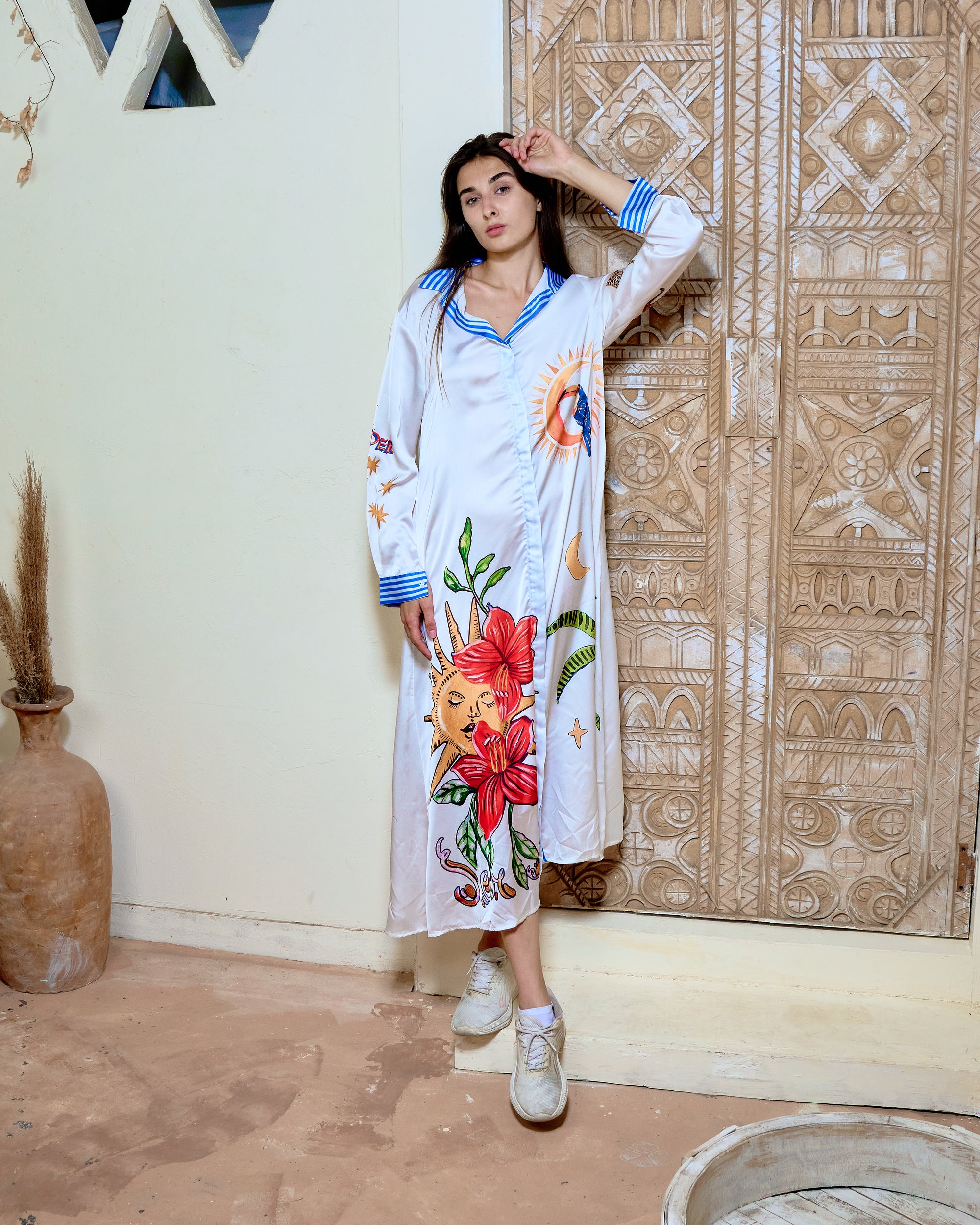 BH04 - Women’s Printed Longline Shirt Dress – Artistic Tropical Midi Dress (Statement Button-Down Dress)