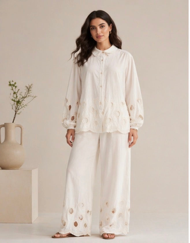 BH20 - Women’s White  – Embroidered Shirt & Wide Leg Pants (Elegant Summer Lounge Wear)