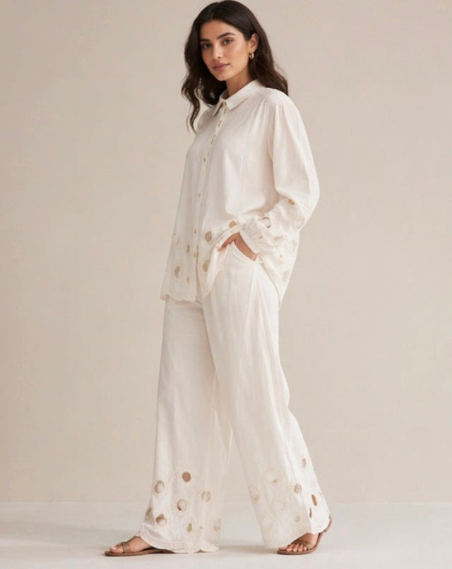 BH20 - Women’s White  – Embroidered Shirt & Wide Leg Pants (Elegant Summer Lounge Wear)
