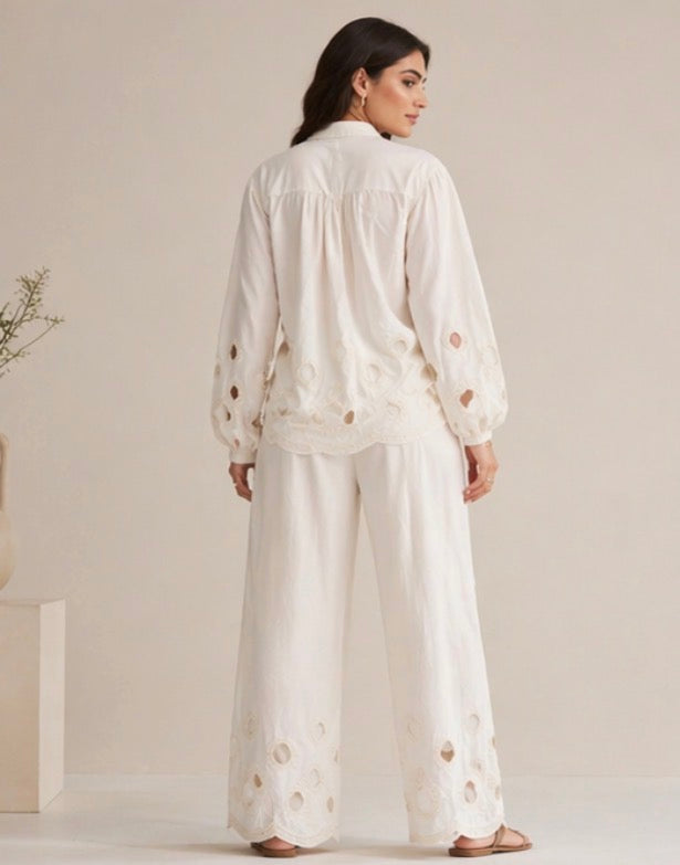BH20 - Women’s White  – Embroidered Shirt & Wide Leg Pants (Elegant Summer Lounge Wear)