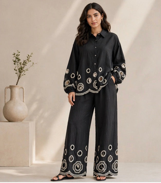 BH16 - Women’s Black Set – Embroidered Shirt & Wide Leg Pants (Elegant Casual Lounge Wear)