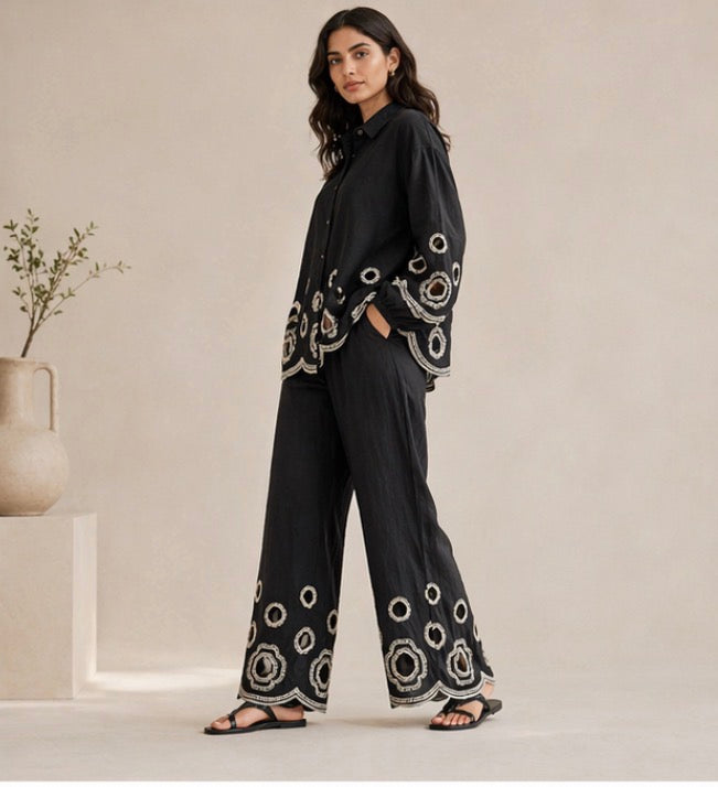 BH16 - Women’s Black Set – Embroidered Shirt & Wide Leg Pants (Elegant Casual Lounge Wear)