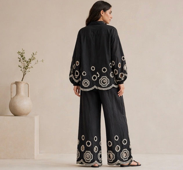 BH16 - Women’s Black Set – Embroidered Shirt & Wide Leg Pants (Elegant Casual Lounge Wear)