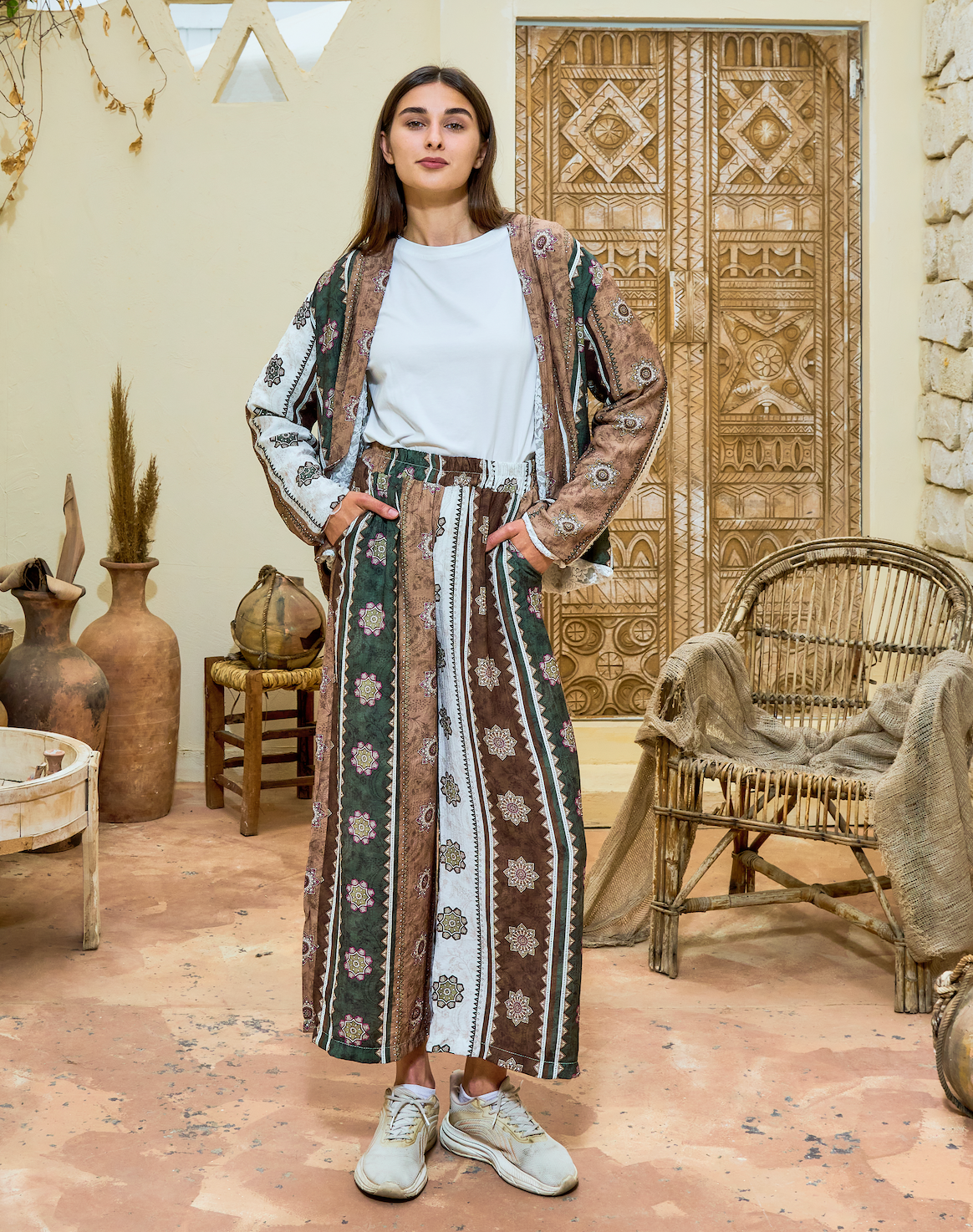 BH14 - Women’s Printed Co-Ord Set – Boho Pattern Jacket & Wide Leg Pants (Casual Chic Lounge Wear)