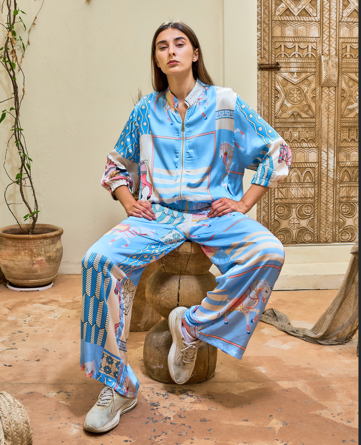 BH05 - Women’s Blue Printed Silk Set – Zip-Up Jacket & Relaxed Fit Pants (Casual Travel Loungewear Set)