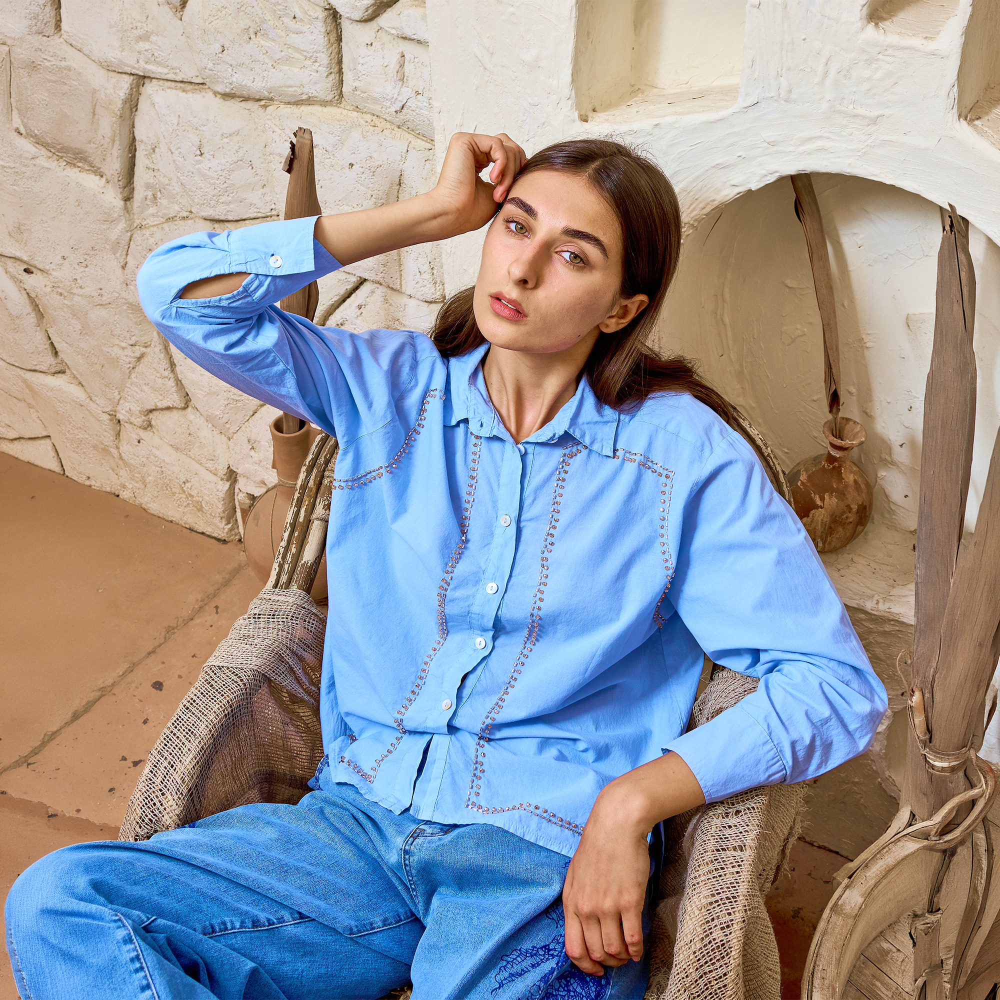 BH58 - Sky Blue Embroidered Cotton Shirt