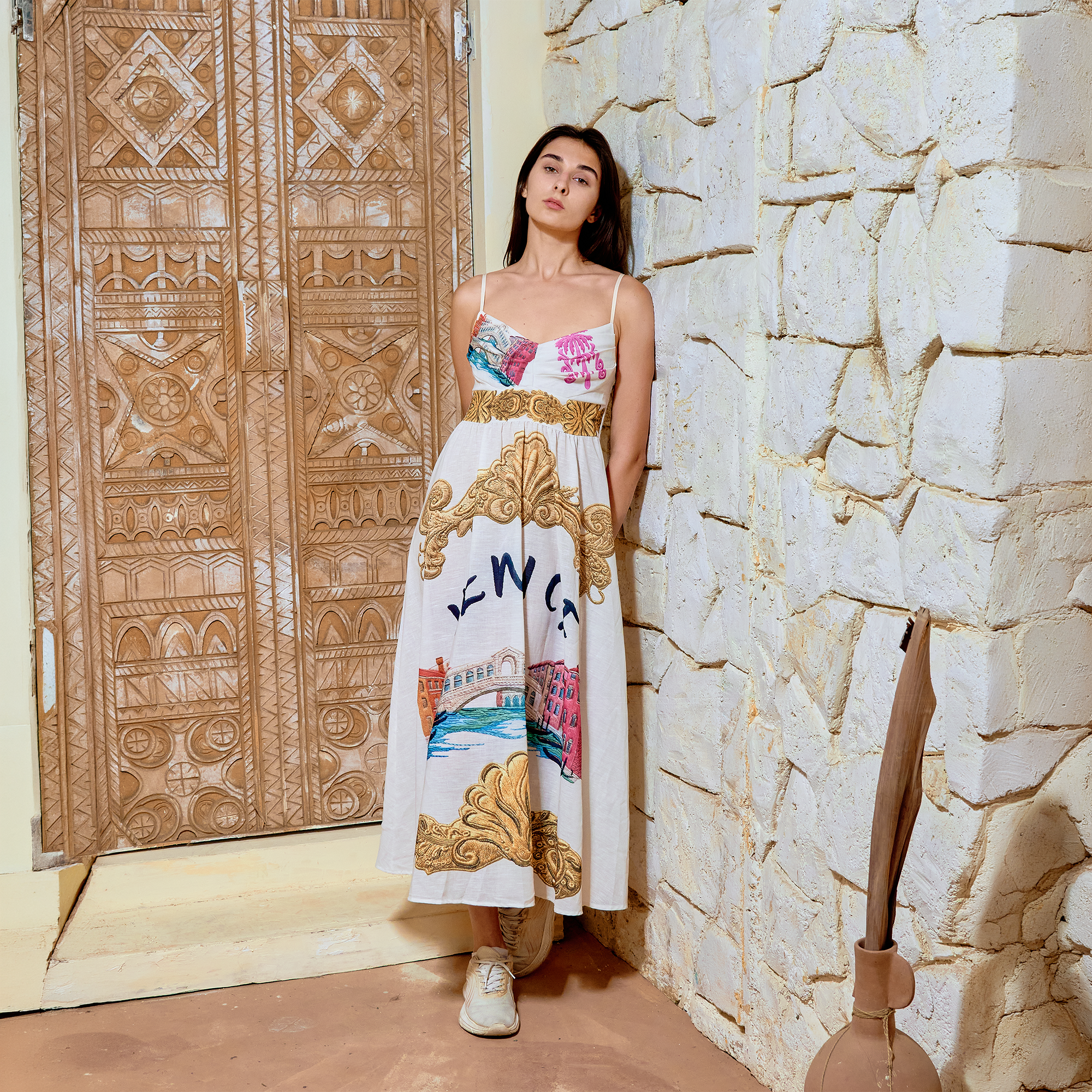 BH22 - Women’s Printed Midi Dress – Venice Graphic Cotton Dress with Spaghetti Straps (Summer Vacation Wear)