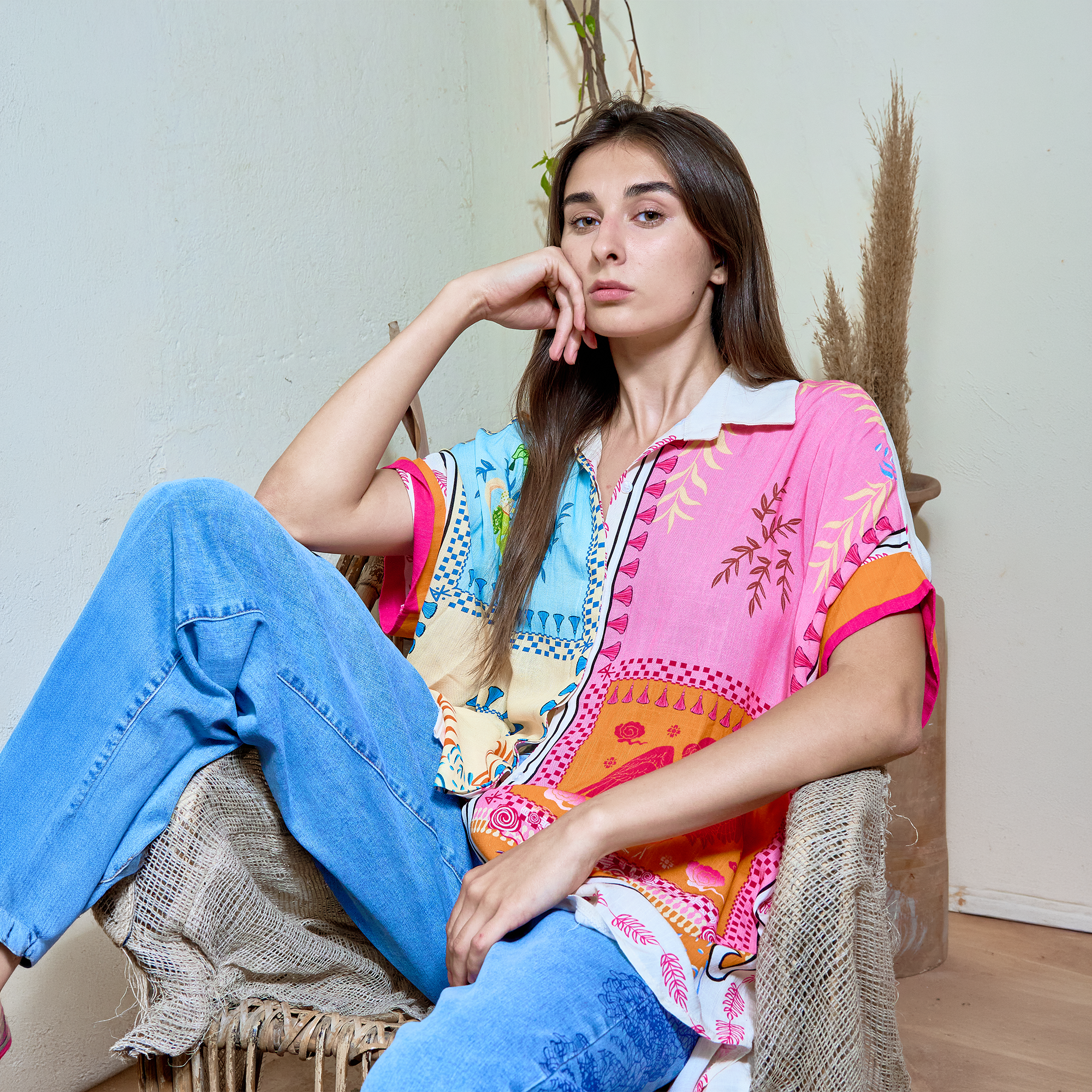 BH49 - Patchwork Print Oversized Tunic Shirt