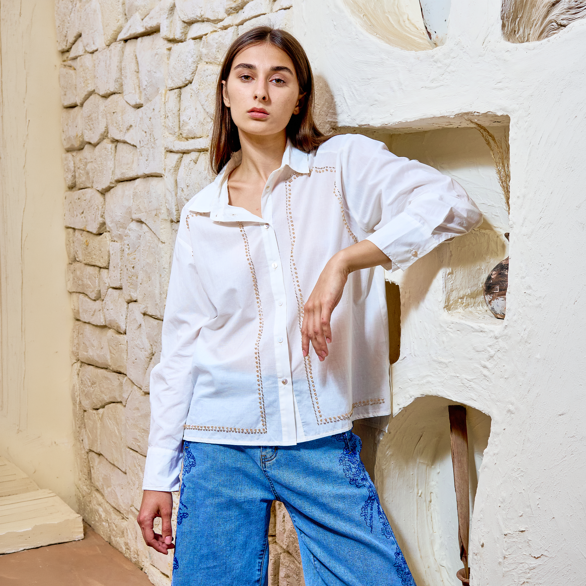 BH69 - Lace Trim Cotton Shirt