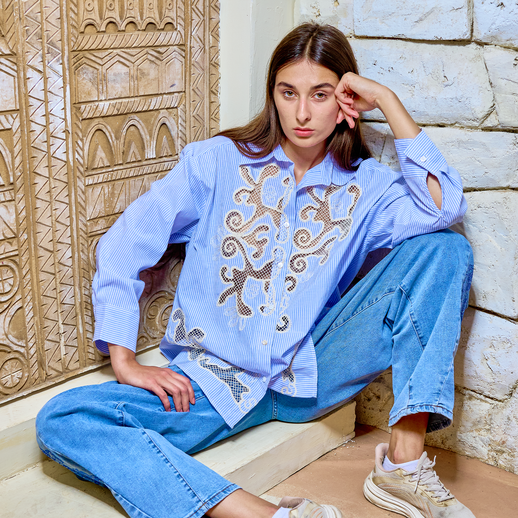 BH65 - Striped Cutwork Embroidered Shirt