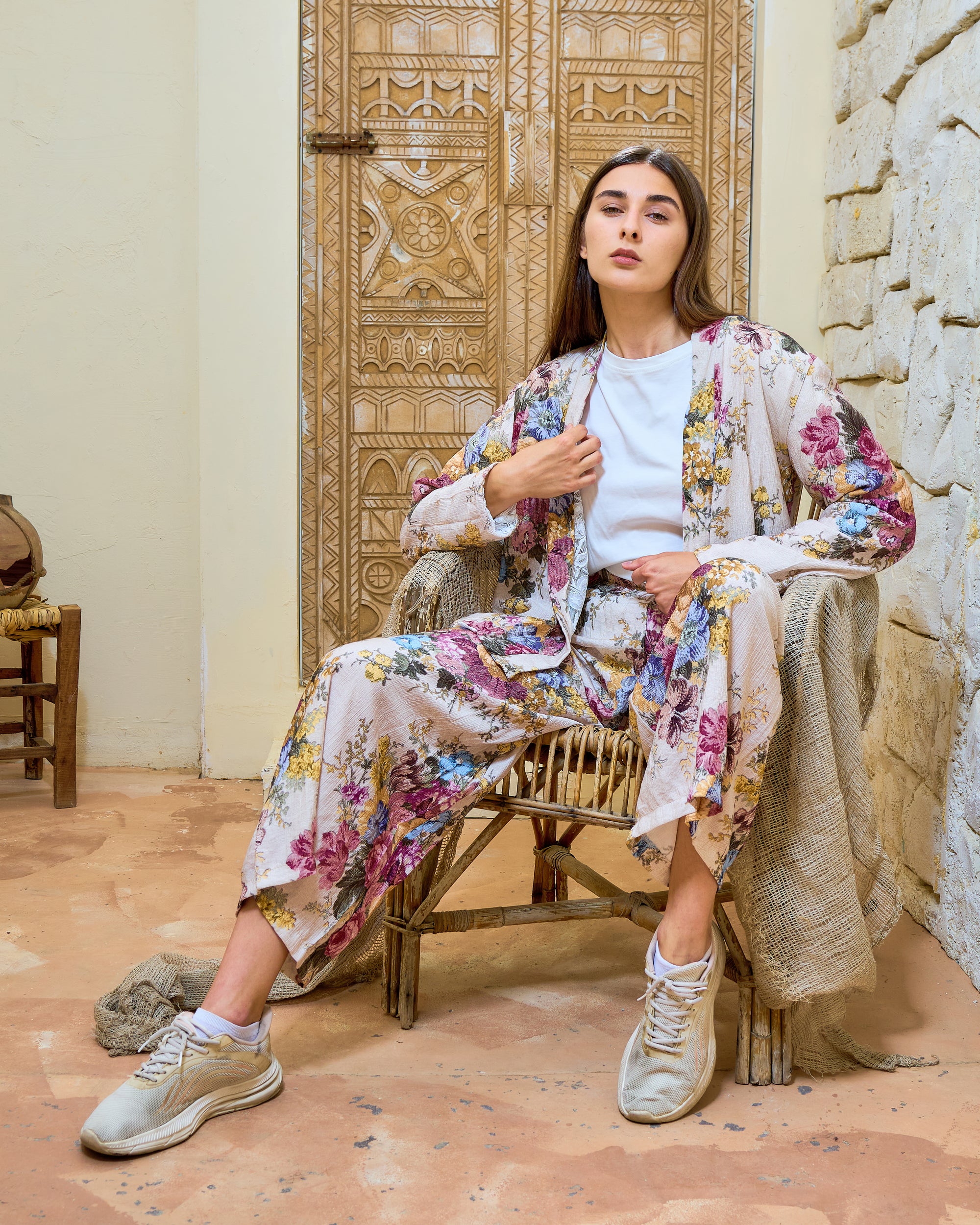 BH34 - Women’s Floral Silk Set – Silk Blazer & Wide Leg Pants (Elegant Casual Lounge Set)