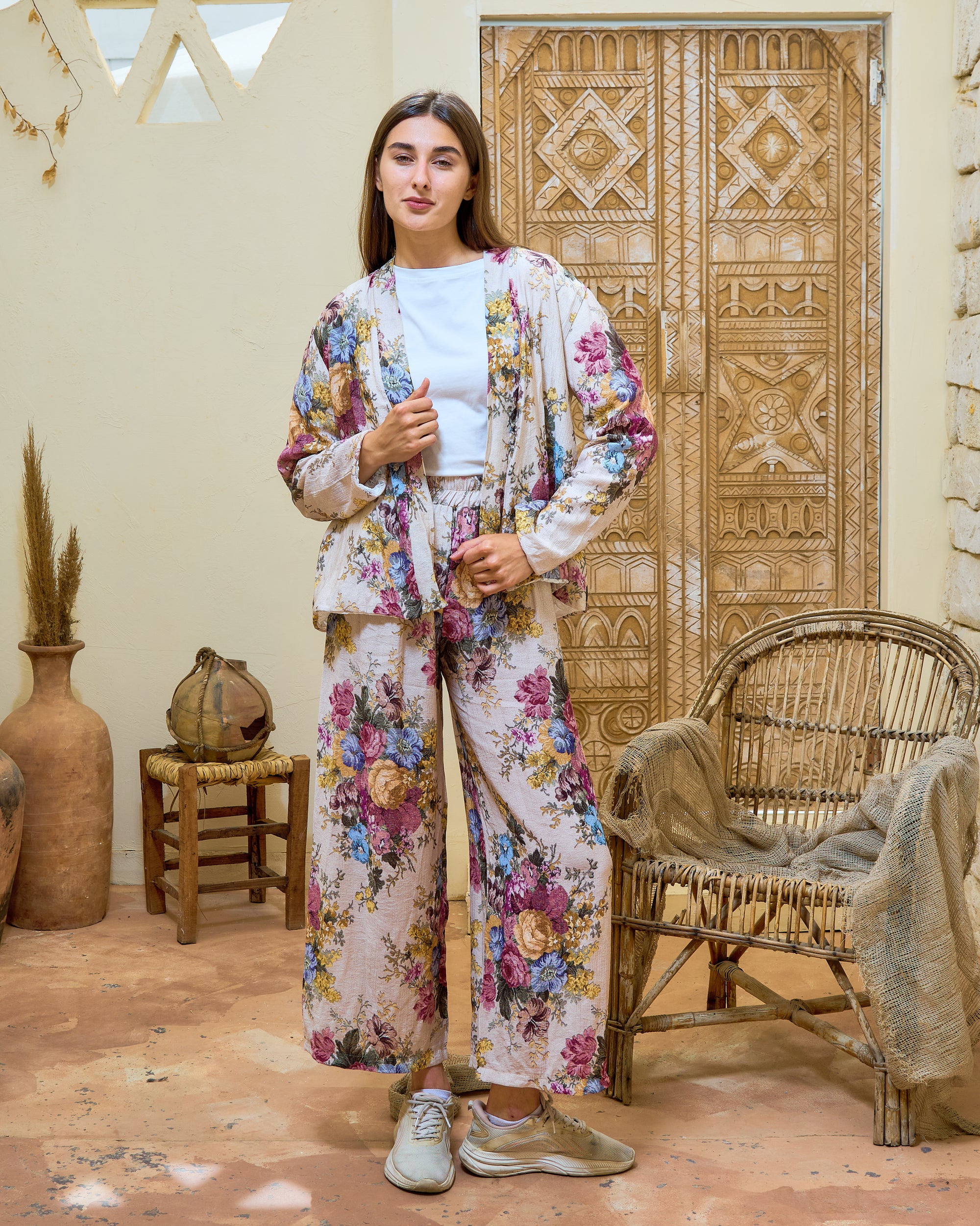 BH34 - Women’s Floral Silk Set – Silk Blazer & Wide Leg Pants (Elegant Casual Lounge Set)