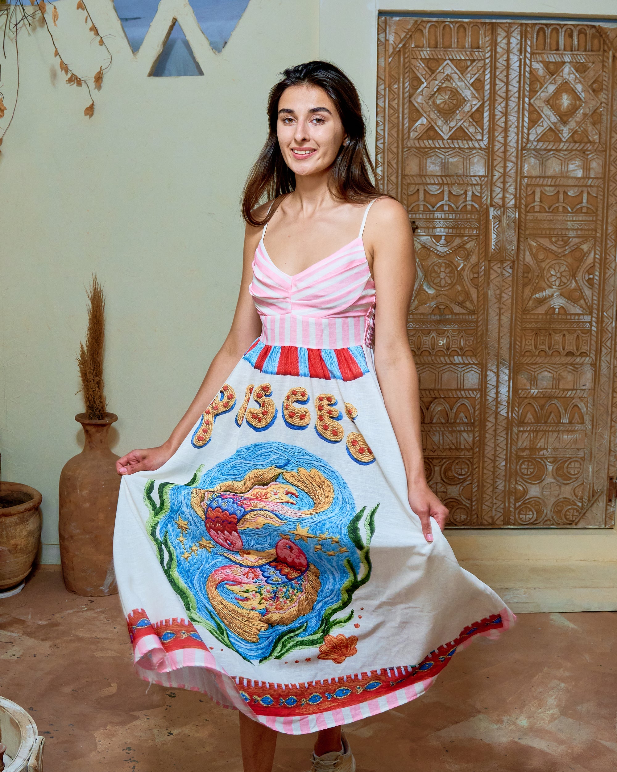 BH03 - Women’s Pisces Printed Midi Dress – Striped Bodice Summer Dress with Artistic Fish Motif