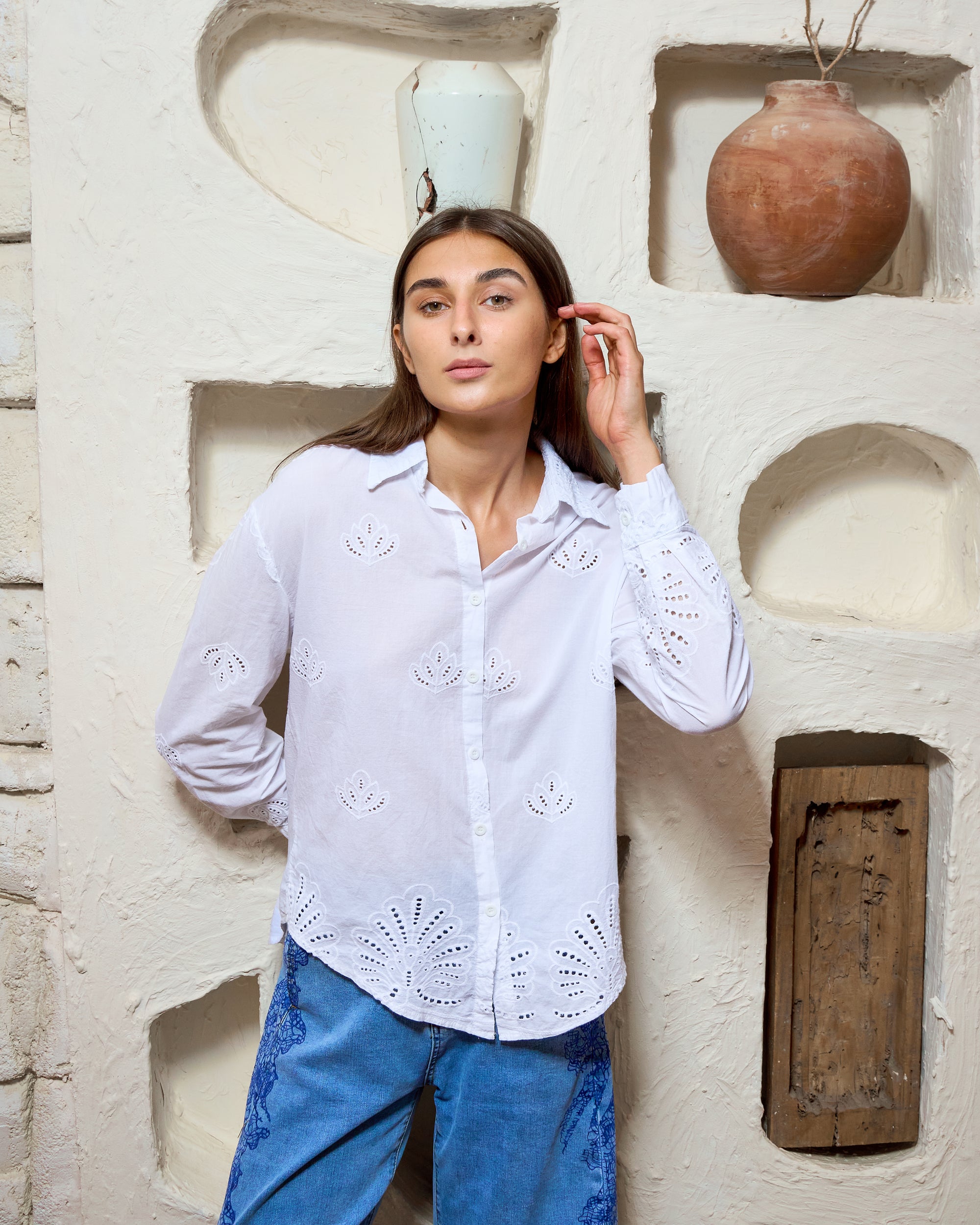 BH68 - Broderie Sleeve Cotton Shirt
