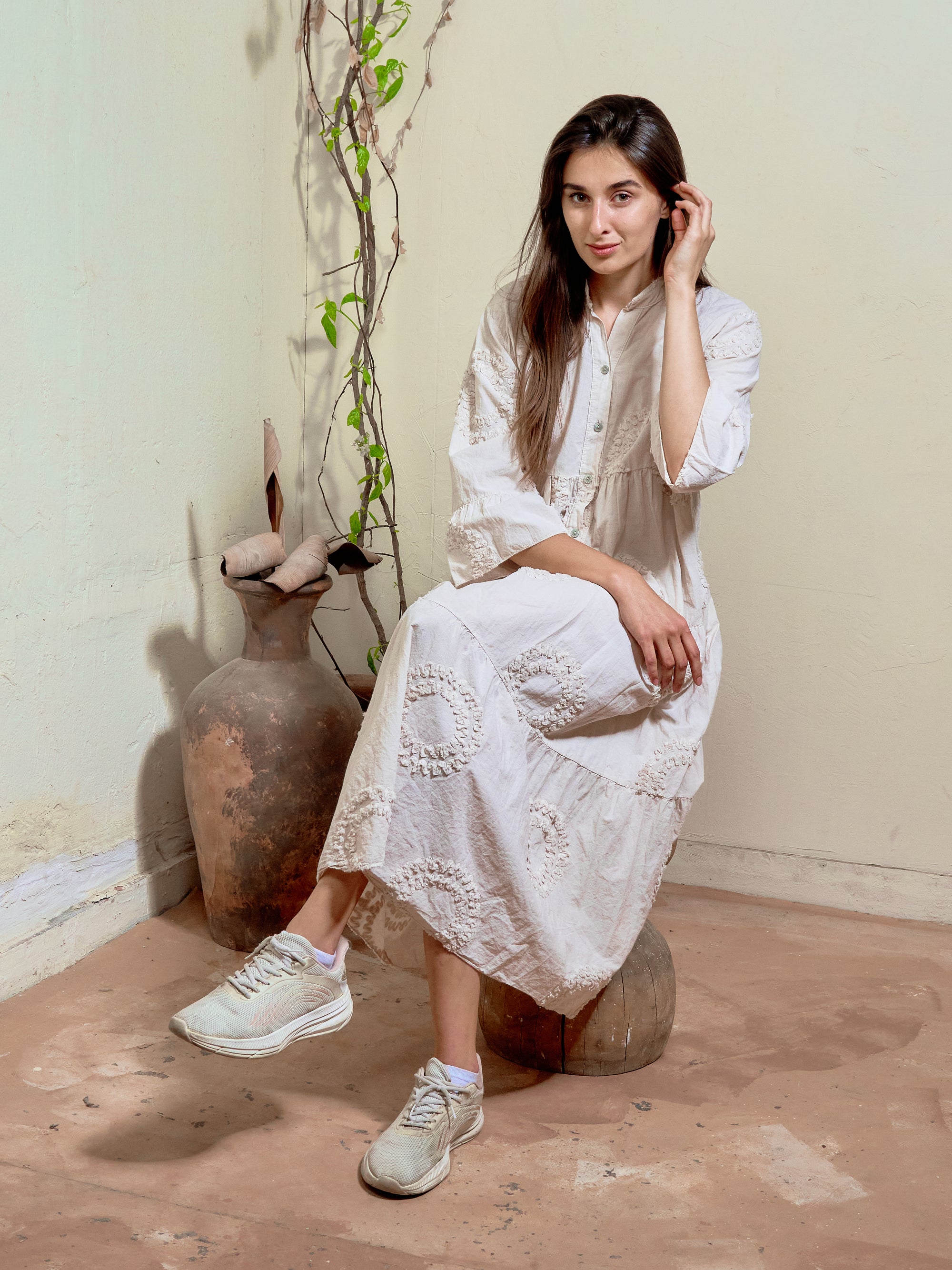 BH08 - Women’s Blush Pink Tiered Midi Dress – Embroidered Cotton Button-Down Dress with Bell Sleeves