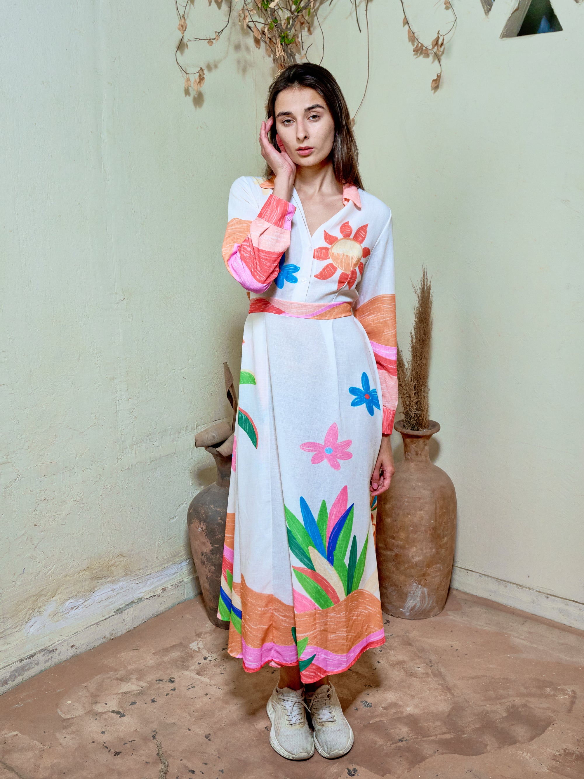 BH41 Women’s Printed Midi Dress – Floral Abstract Summer Shirt Dress (Casual Elegant Wear)