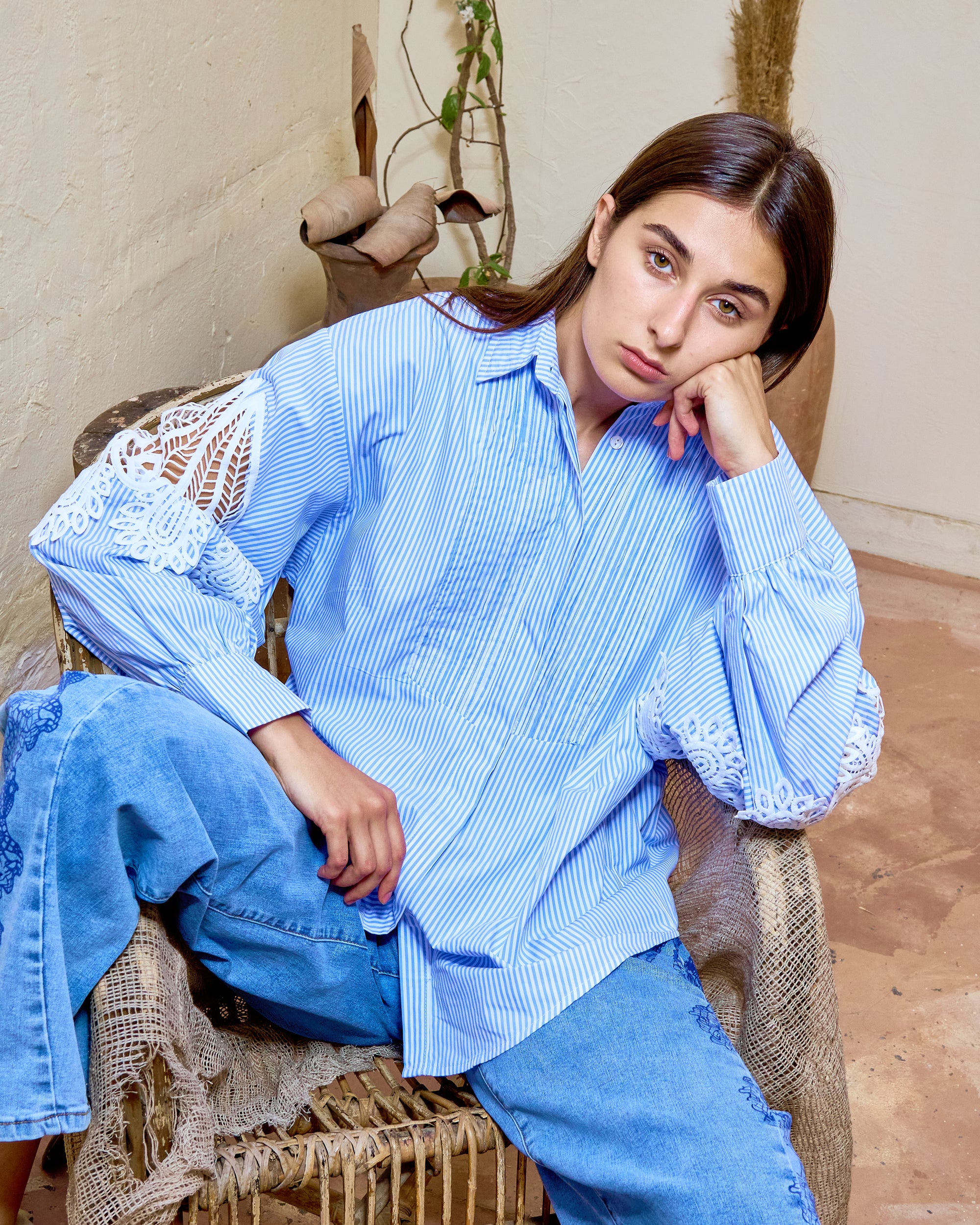 BH54 - Blue Crochet Sleeve Cotton Shirt