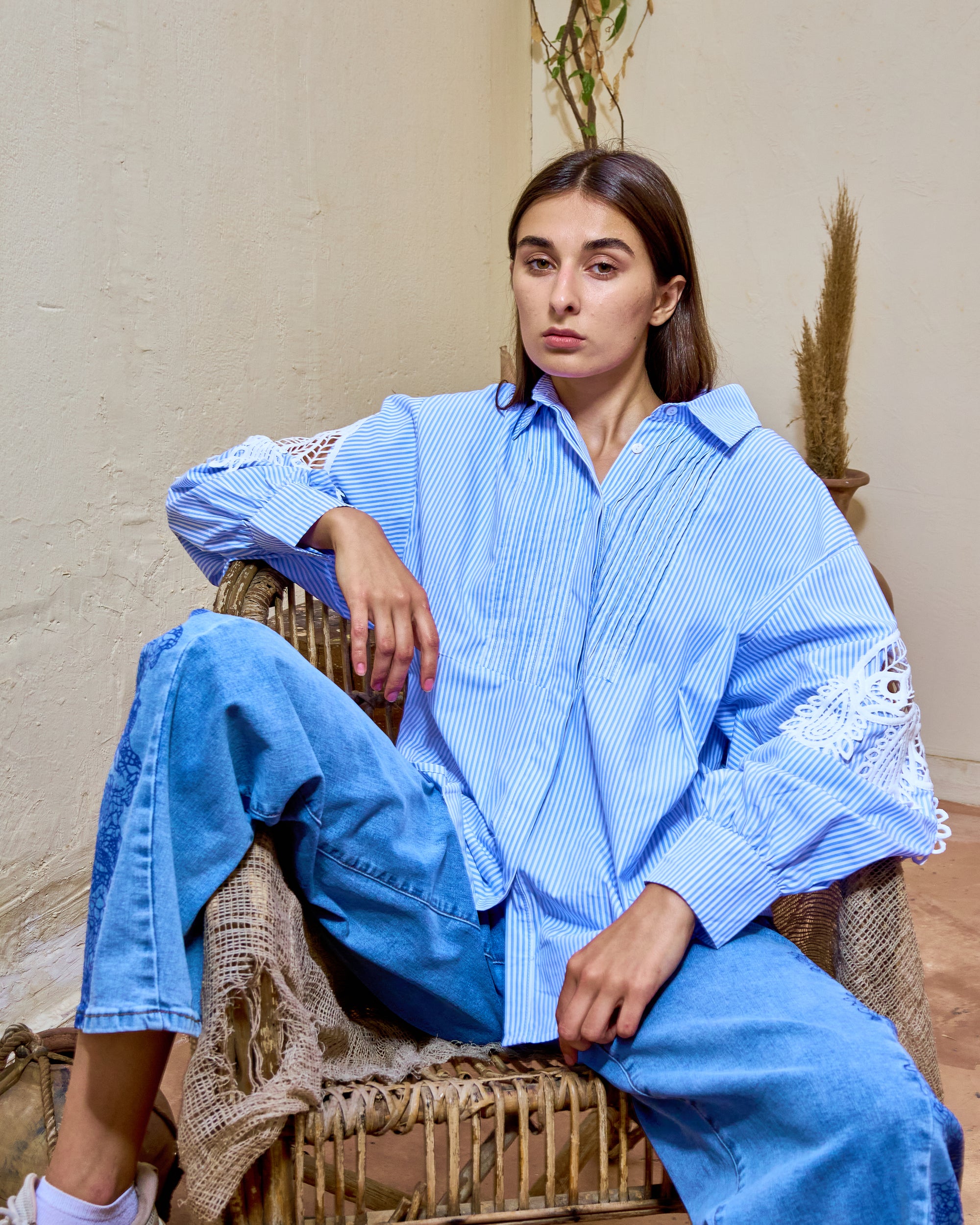 BH54 - Blue Crochet Sleeve Cotton Shirt