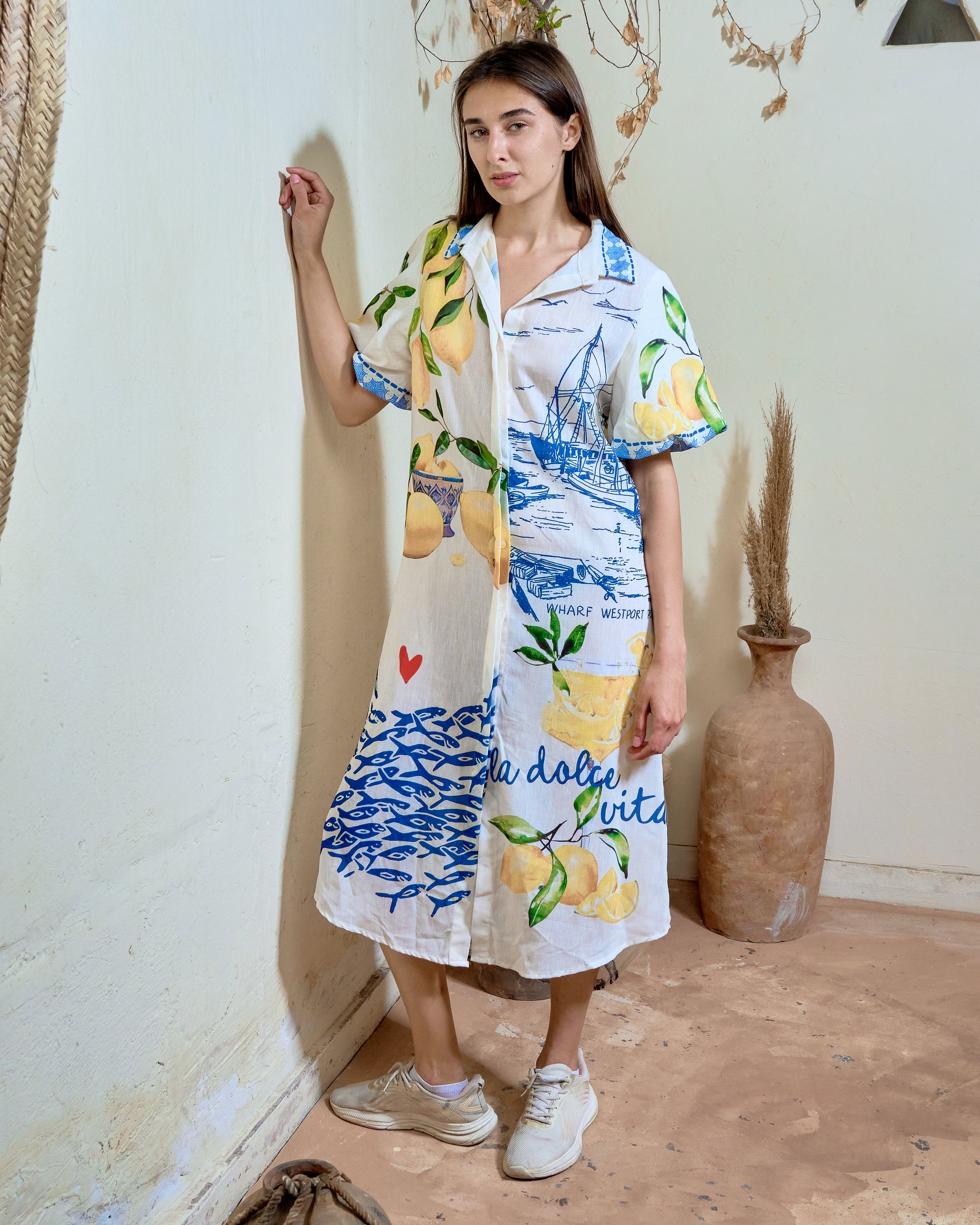 BH10 - Women’s Lemon Print Shirt Dress – Coastal Midi Dress with Short Sleeves (Summer Vacation Style)